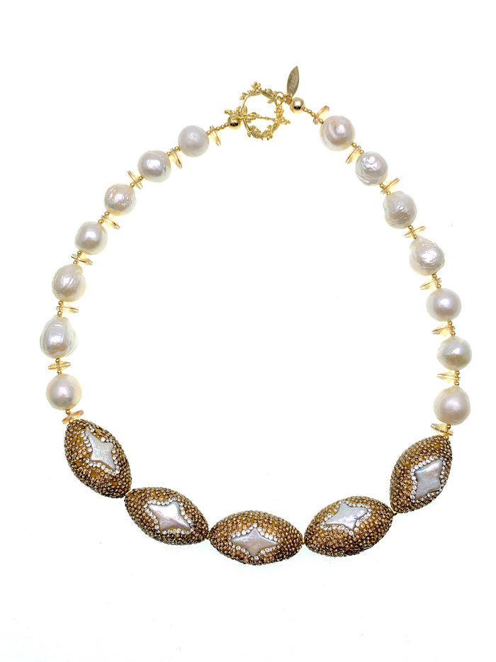 Irregular Freshwater Pearls with Rhinestone Statement Necklace FN033 - FARRA