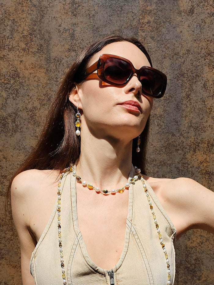 Irregular Freshwater Pearls With Yellow Quartz And Tiger-eye Stone Necklace PN055