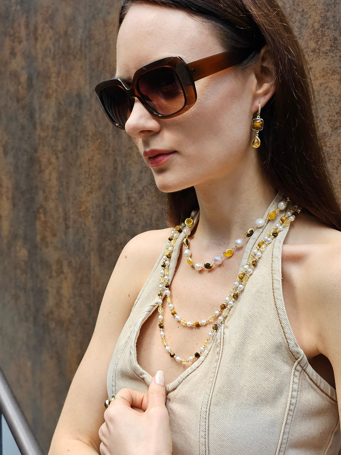 Irregular Freshwater Pearls With Yellow Quartz And Tiger-eye Stone Necklace PN055