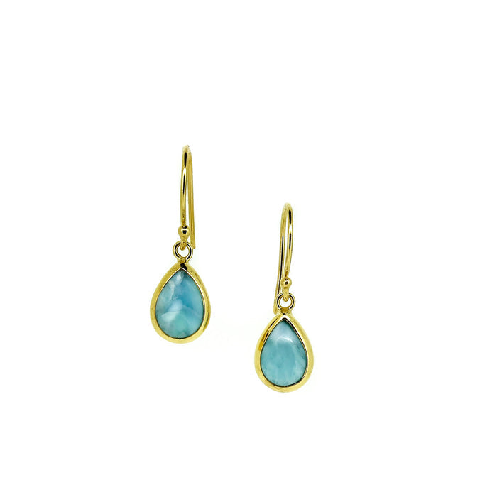 Larimar shaped dew drop gold hook earrings