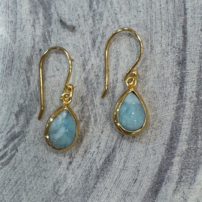 Gold earrings with Larimar teardrop shaped gold hooks