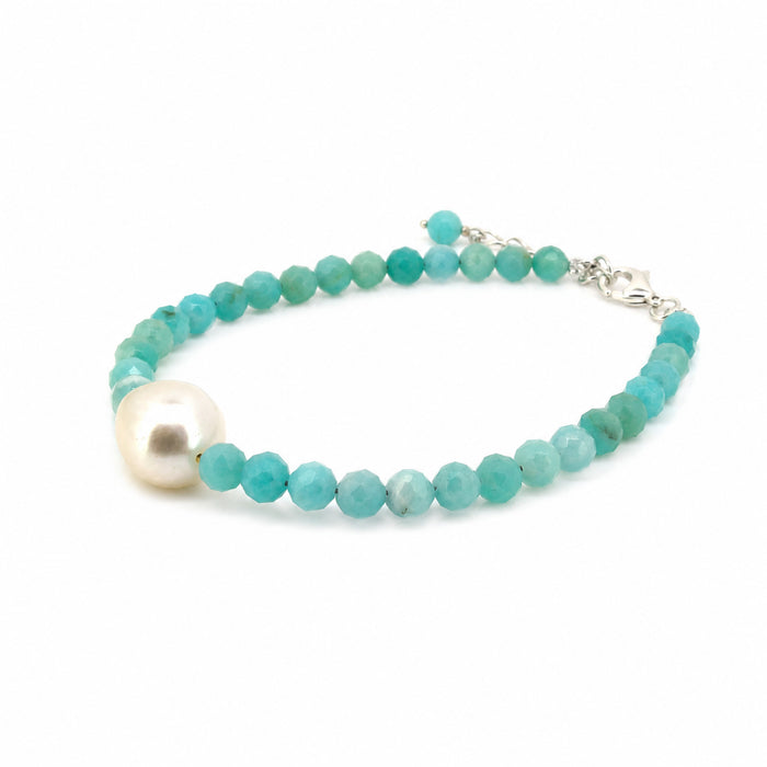 Keshi Pearl Amazonite Bracelet featuring a genuine 12mm freshwater Keshi pearl and 4mm faceted Amazonite gemstones with sterling silver clasp