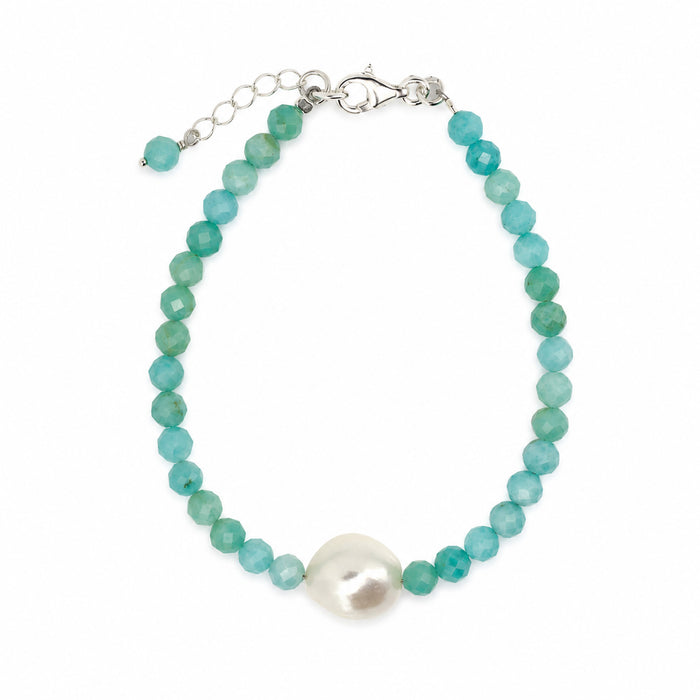 Beach boho Amazonite gemstone bracelet with central Keshi pearl and sterling silver clasp designed in Broome Western Australia