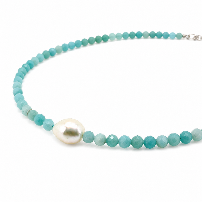 Keshi pearl Amazonite gemstone necklace featuring a genuine 12mm Keshi pearl and 4mm faceted Amazonite beads with sterling silver clasp