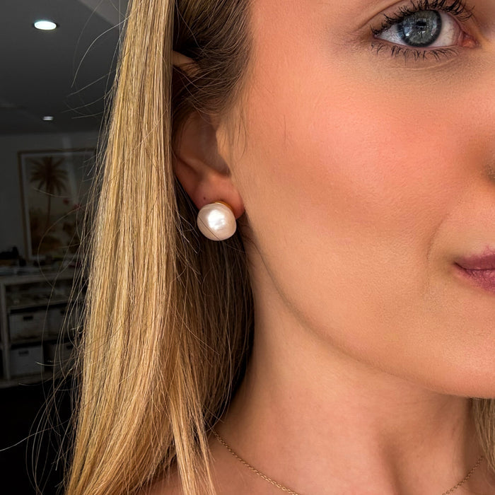 large keshi pearl 14mm studs set in gold vermeil