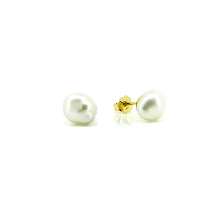 Pearl stud earrings with gold posts on a white background