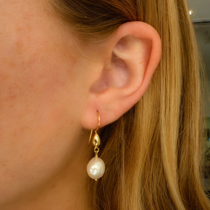 Organic keshi pearl drop earrings gold hook coastal jewellery Australia