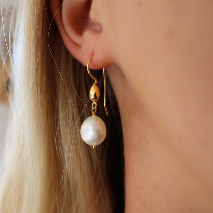 freshwater pearl hook earrings made from gold vermeil designed in broome Western Australia