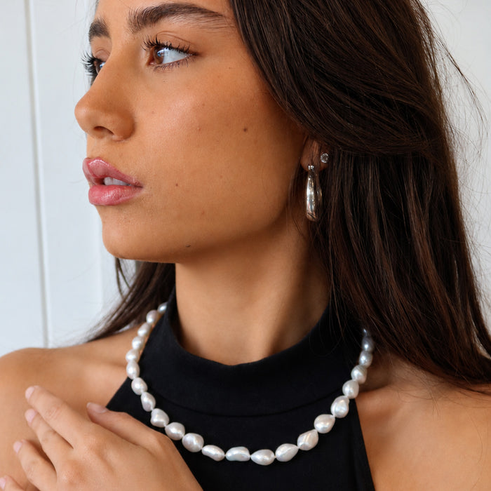 Keshi Pearl White Silk Knot Necklace Silver Clasp
