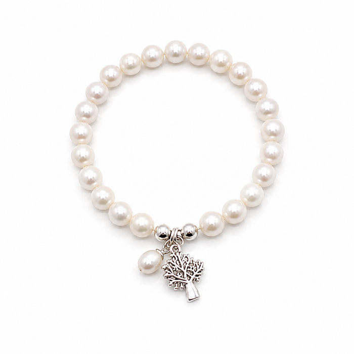 Kimberley Boab Pearl Stretch Bracelet with genuine freshwater pearls and sterling silver Boab tree charm inspired by the Kimberley region of Western Australia.