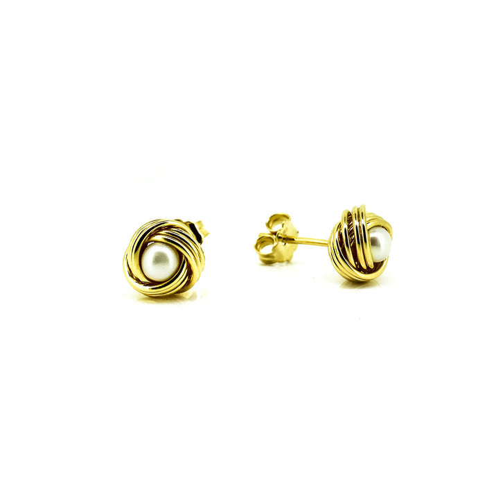 Knot Pearl Studs Gold featuring genuine freshwater pearls set in premium gold vermeil over 925 sterling silver with knot-inspired detailing.