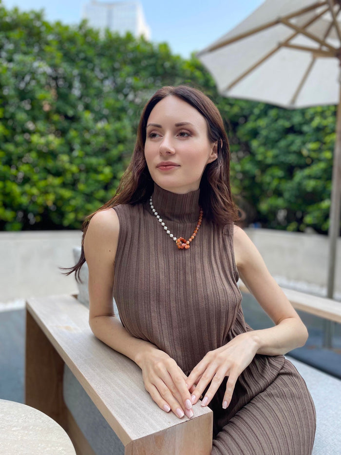 Knotted Orange Agate With Freshwater Pearl Necklace GN003 - FARRA