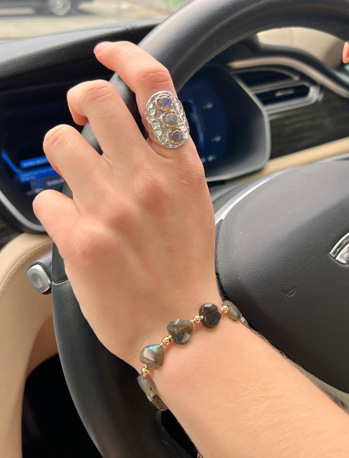 Labradorite Stone Nugget Platinum Plated Brass Ring LR012 - FARRA