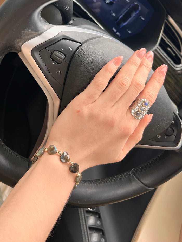 Labradorite Stone Nugget Platinum Plated Brass Ring LR012 - FARRA