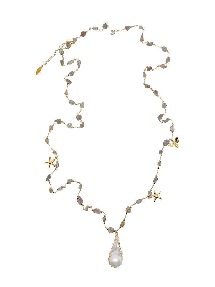 Labradorite Stones With Baroque Pearl Multi-way Necklace GN039 - FARRA