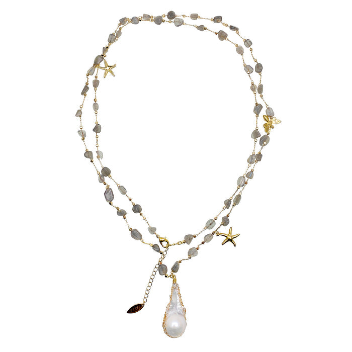 Labradorite Stones With Baroque Pearl Multi-way Necklace GN039 - FARRA