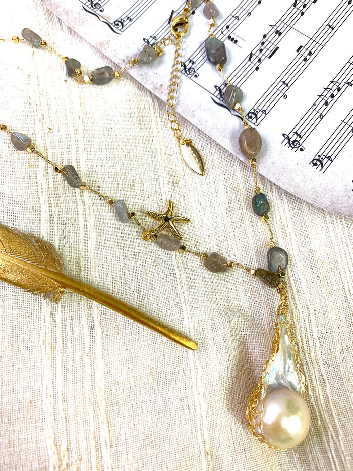 Labradorite Stones With Baroque Pearl Multi-way Necklace GN039 - FARRA