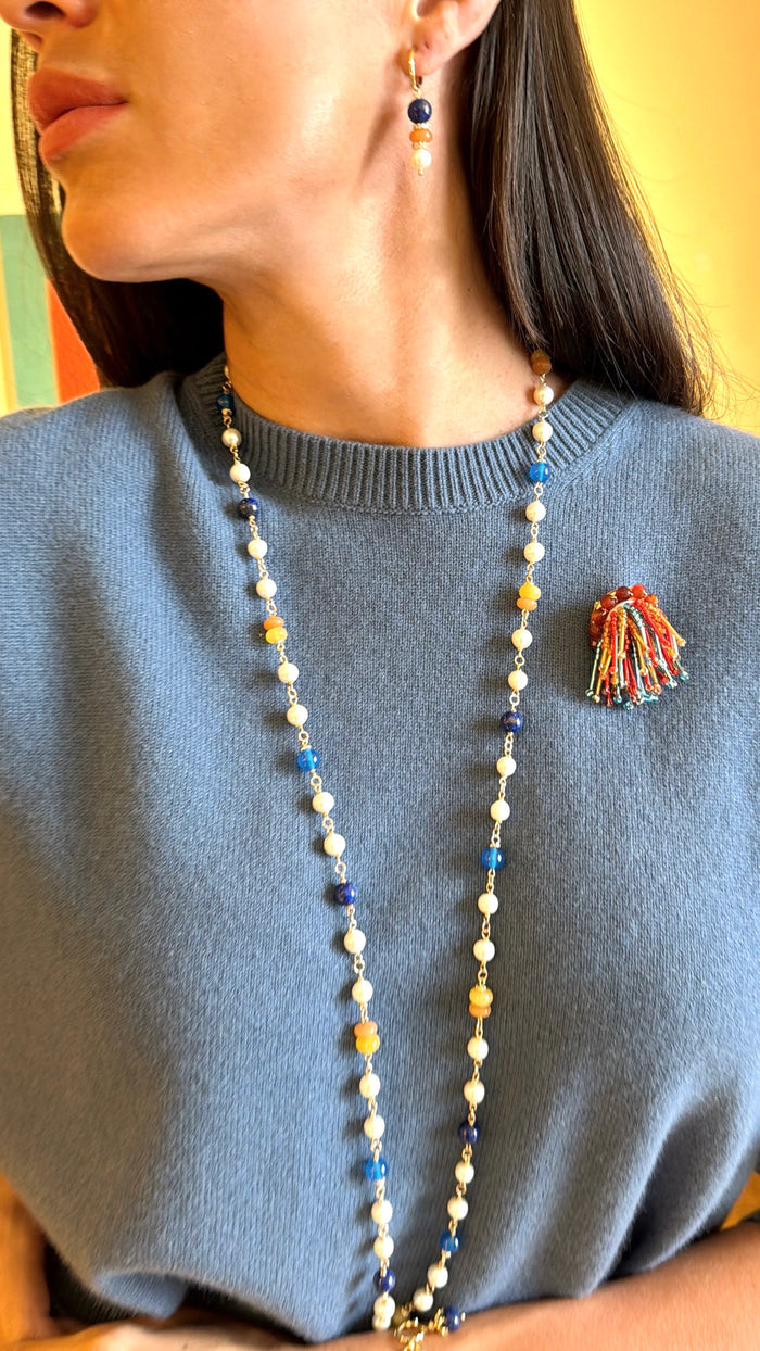 Lapis And Colorful Gemstone With Freshwater Pearl Station Long Necklace SN022