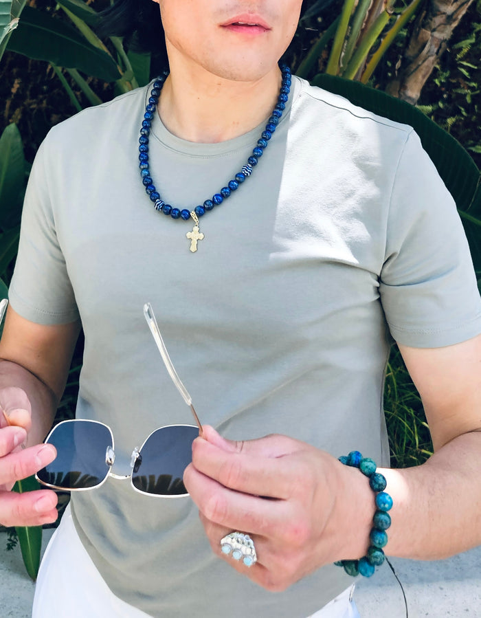 Lapis Cross Pendant Men's Necklace MEN26