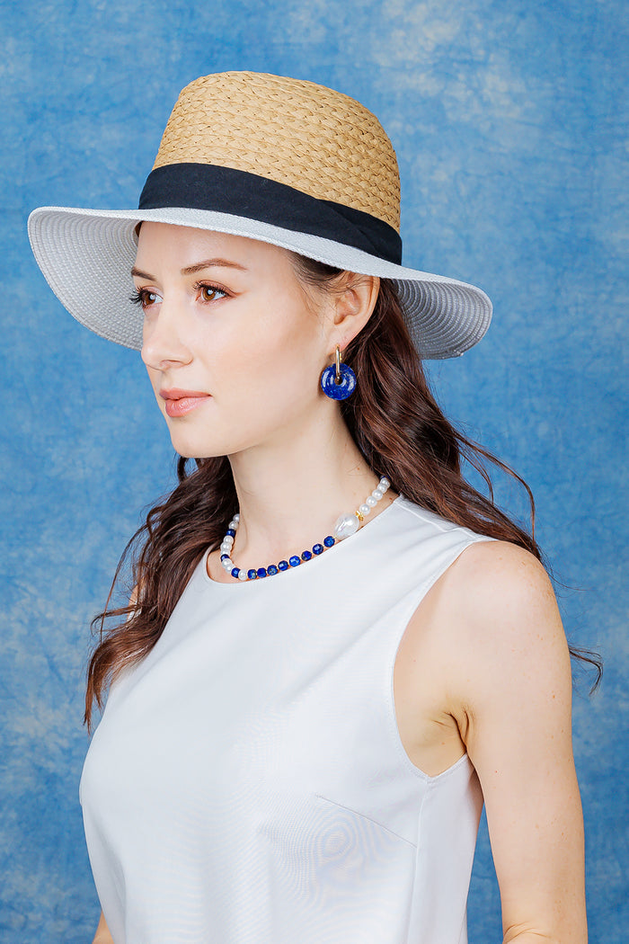 Lapis & Freshwater Pearls Asymmetric Clip On Earrings EE019 - FARRA