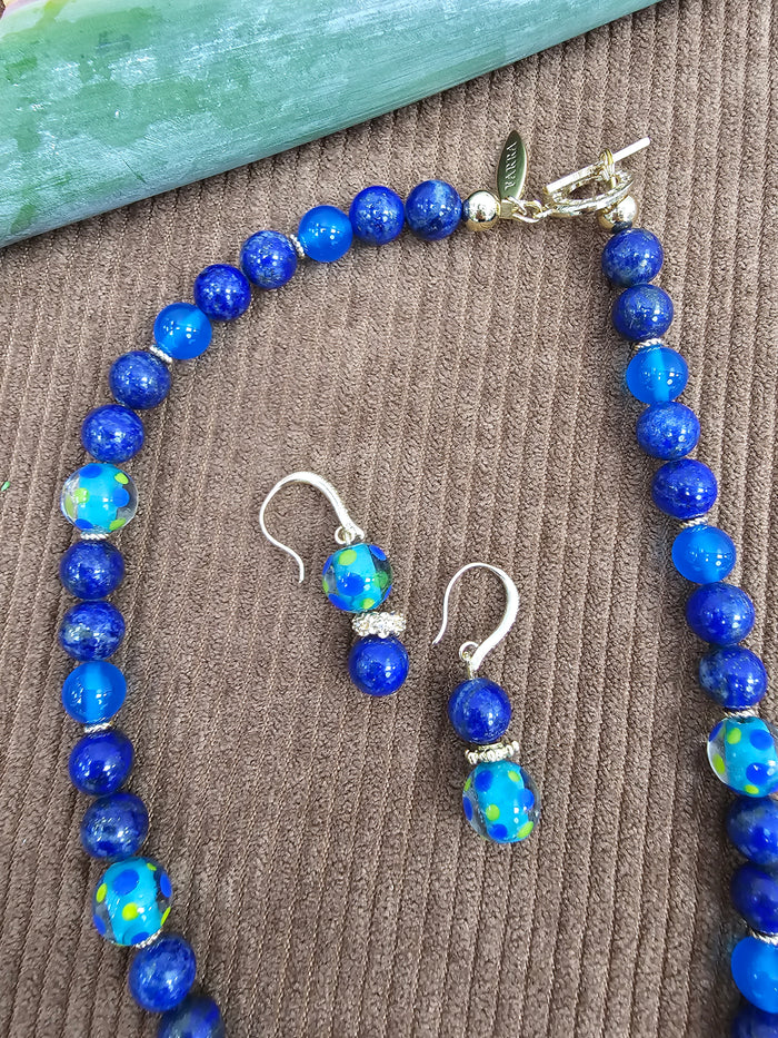 Lapis Lazuli and Colorful Glass Bead Gold Hook Drop Earrings SE010
