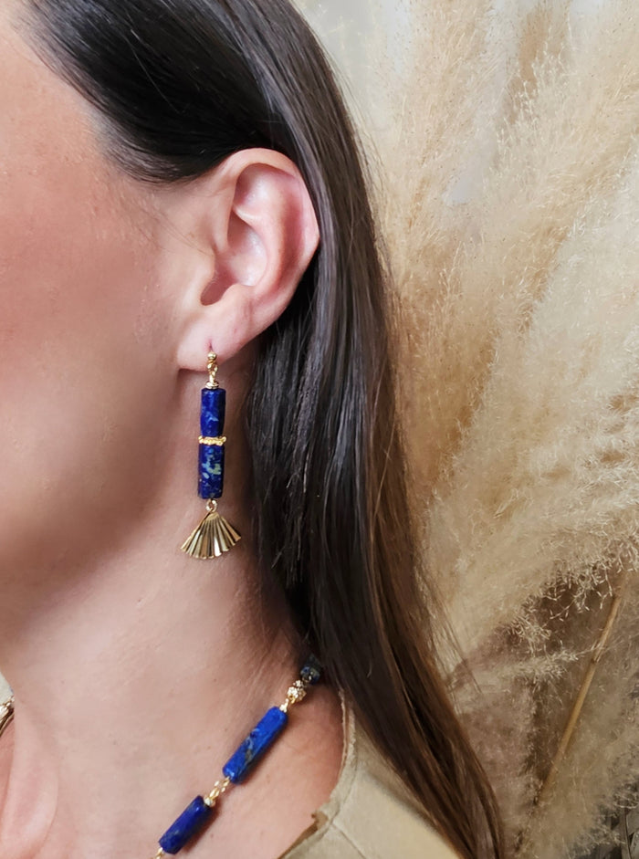 Lapis Lazuli & Gold Fan Linear Drop Earrings RE024
