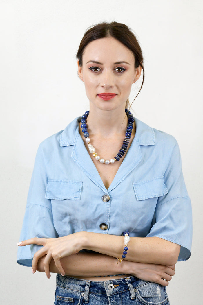Lapis Lazuli with Baroque Freshwater Pearls Stylish Necklace AN013 - FARRA
