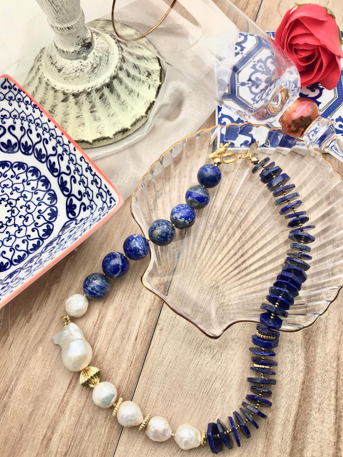 Lapis Lazuli with Baroque Freshwater Pearls Stylish Necklace AN013 - FARRA