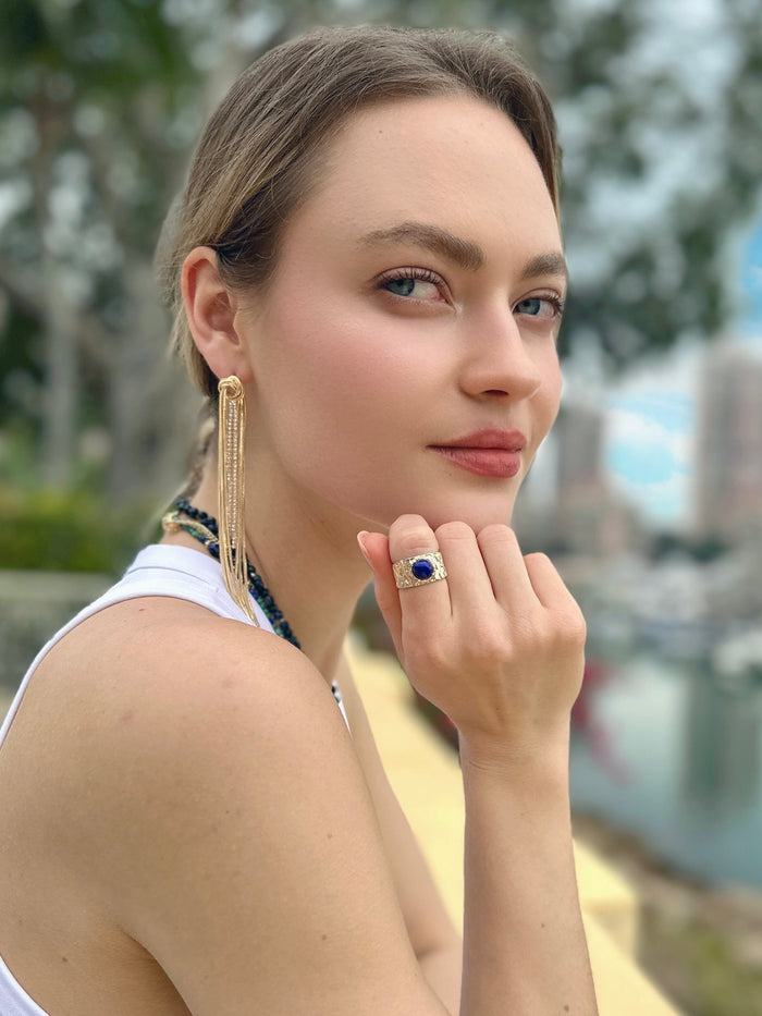 Lapis Stone Platinum Plated Brass Adjustable Ring LR006 - FARRA