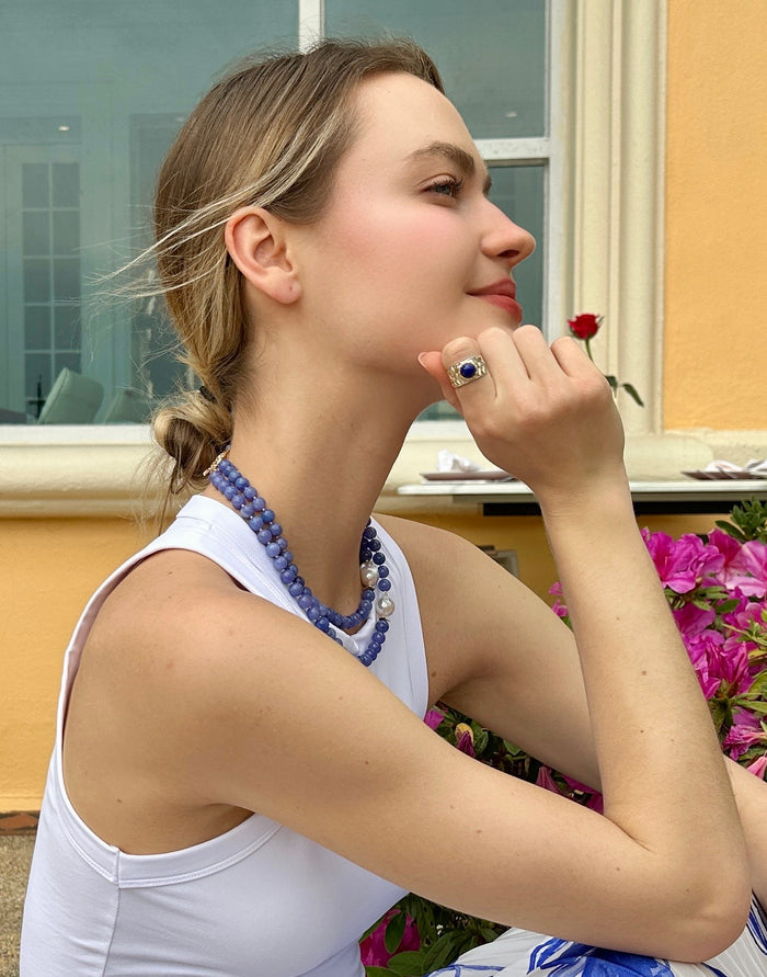 Lapis Stone Platinum Plated Brass Adjustable Ring LR006 - FARRA