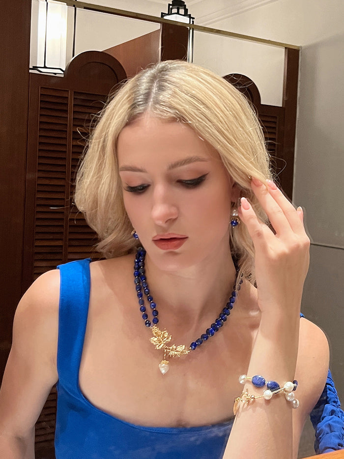 Lapis Stones With Leaf Charm Double Strands Necklace HN004 - FARRA