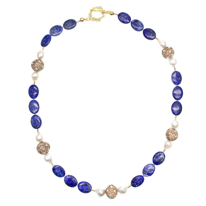 Lapis With Freshwater Pearl With Rhinestone Necklace GN017 - FARRA