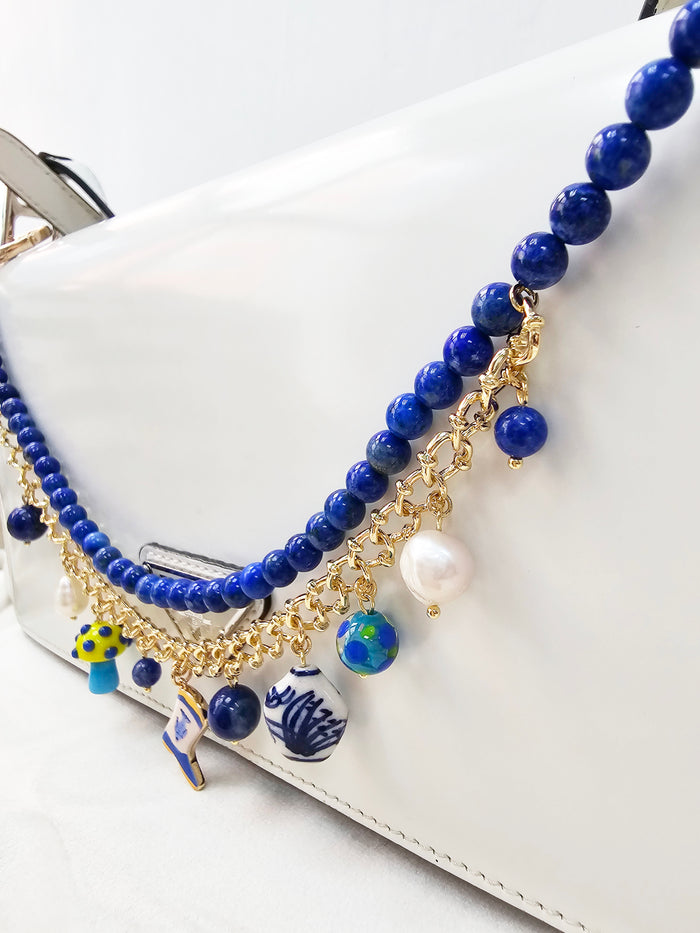 Lapis With Mushroom And Boots Double Layers Chain Bag Charm
