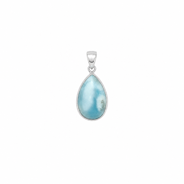 Large Larimar Dew Drop Pendant in 925 sterling silver featuring a natural teardrop-shaped blue Larimar gemstone.