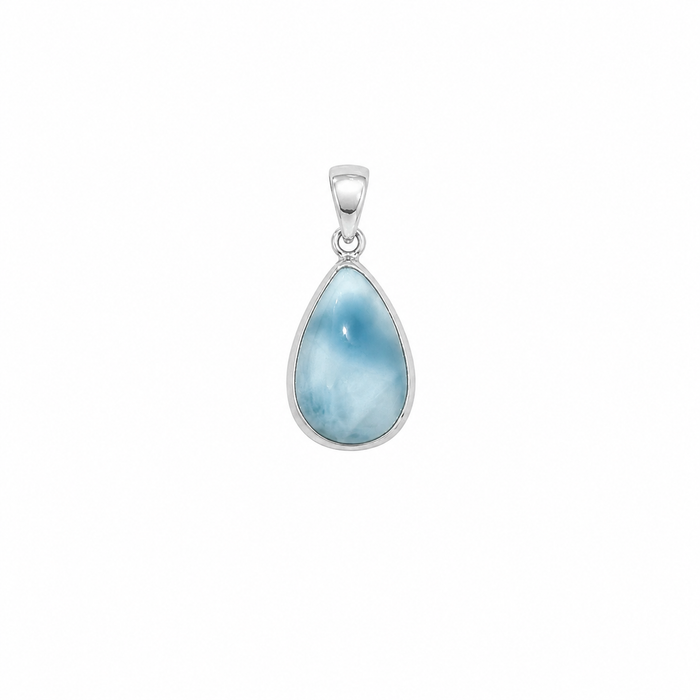 Medium Larimar Dew Drop Pendant in 925 sterling silver featuring a natural teardrop-shaped blue Larimar gemstone.