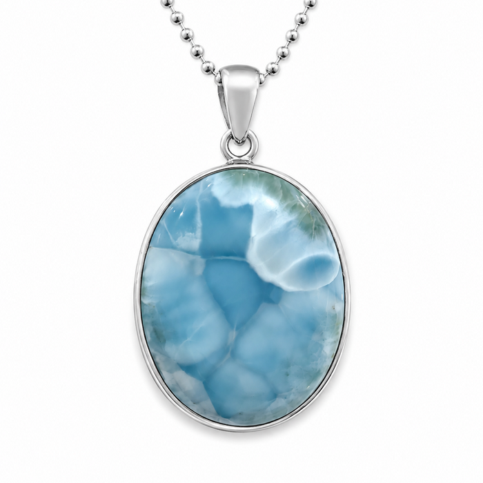 Oval Larimar pendant featuring a natural 26x36mm blue Larimar gemstone set in sterling silver, inspired by tropical ocean waters and designed in Broome, Western Australia.