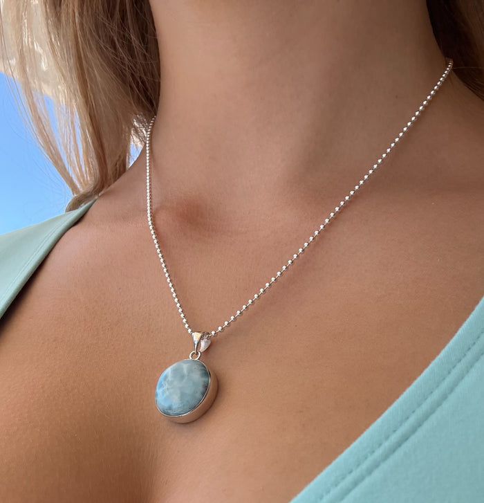 Larimar Pendant Round with 20mm blue Larimar gemstone in sterling silver by Lush Designs Australia