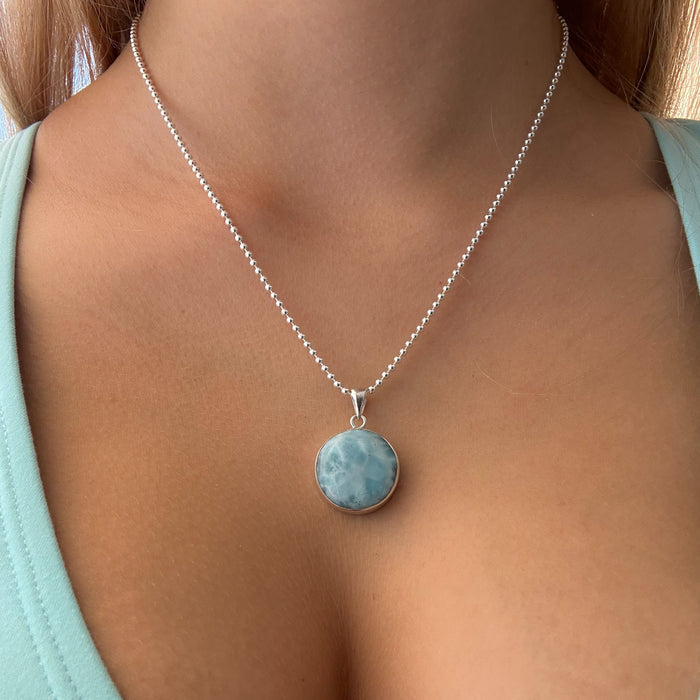 Larimar Pendant Round with 20mm blue Larimar gemstone in sterling silver by Lush Designs Australia