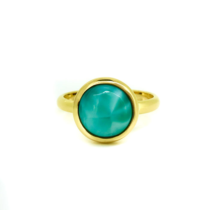 Round larimar gemstone ring in gold vermeil over 925 sterling silver