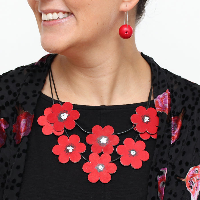 Leather Scarlet Blossoms Necklace - Sylca Designs - Chunky Jewelry