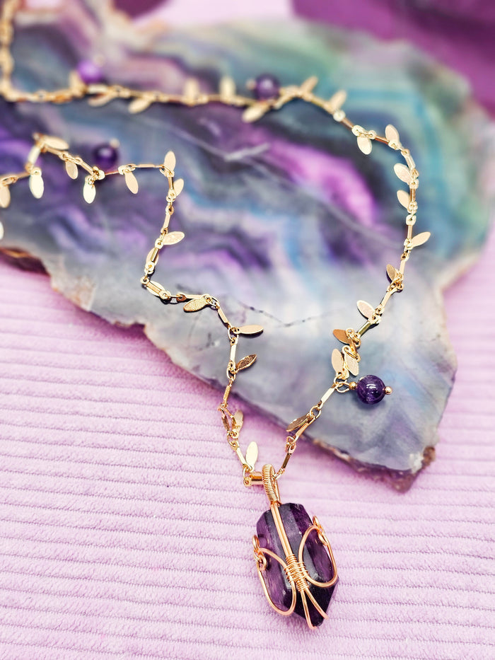 Leaves Chain With Amethyst Pendant Long Necklace SN015