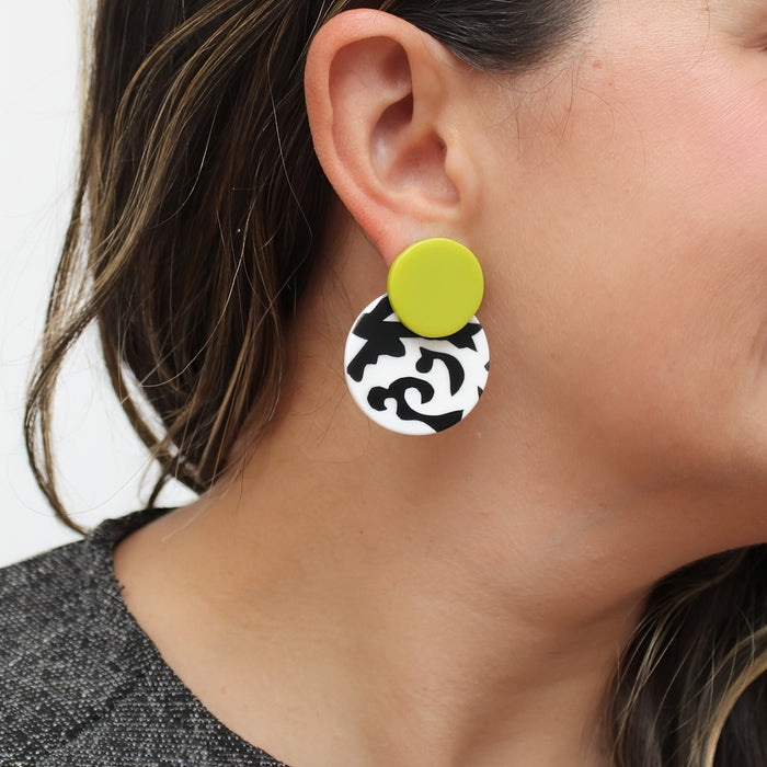 Lime, Black and White Lola Statement Earrings - Sylca Designs - Artsy Chunky Jewelry