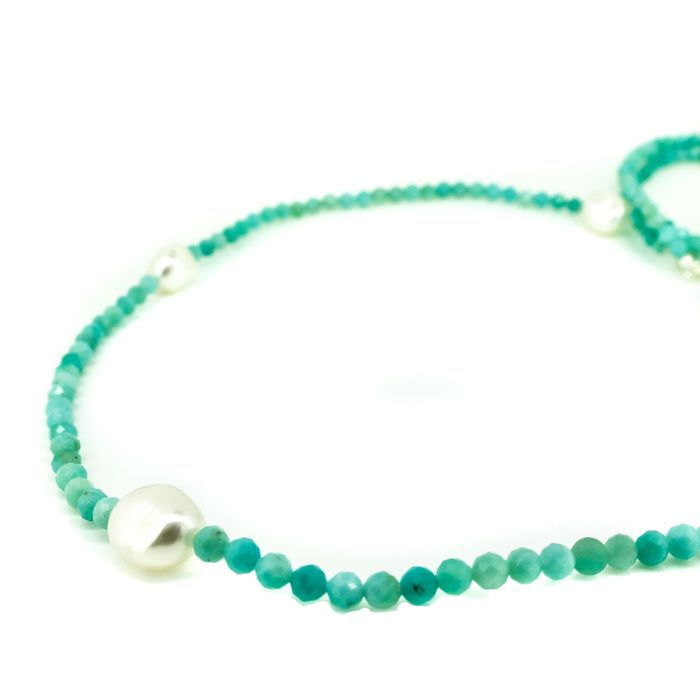 Long Amazonite gemstone necklace interspersed with freshwater pearls designed in australia