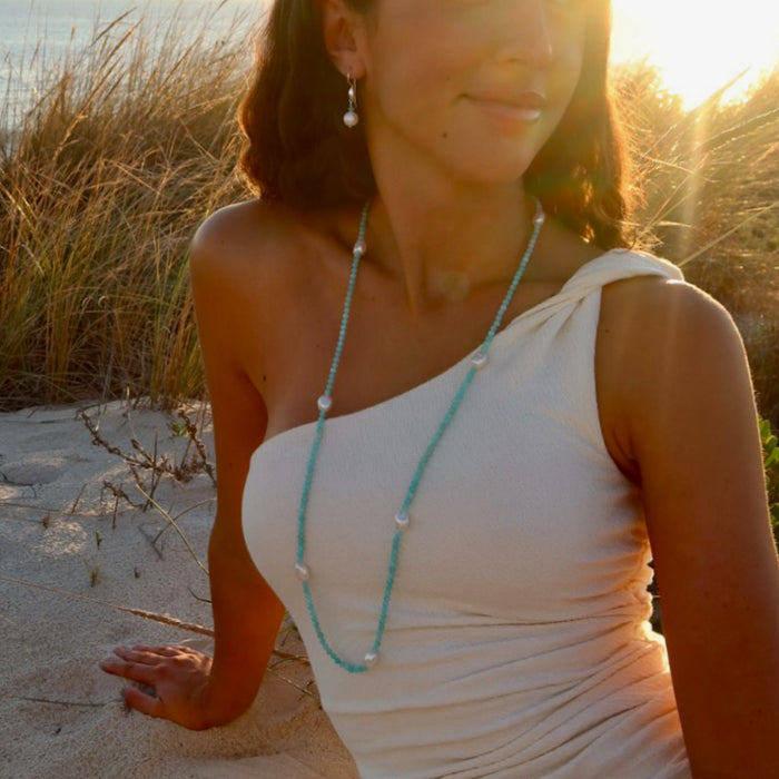 amazonite and pearl gemstone necklace designed in broome western australia by lush designs jewellery