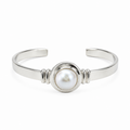 Adjustable sterling silver cuff bangle featuring a 12mm freshwater Mabe pearl, designed in Broome Western Australia with a coastal boho luxe style.