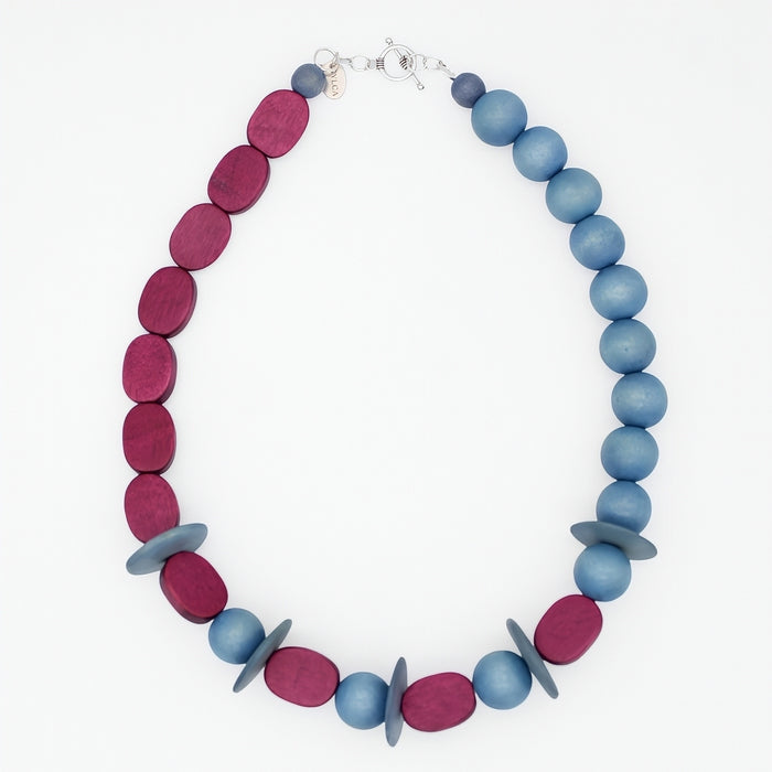 Magenta and Blue Wood Statement Necklace
