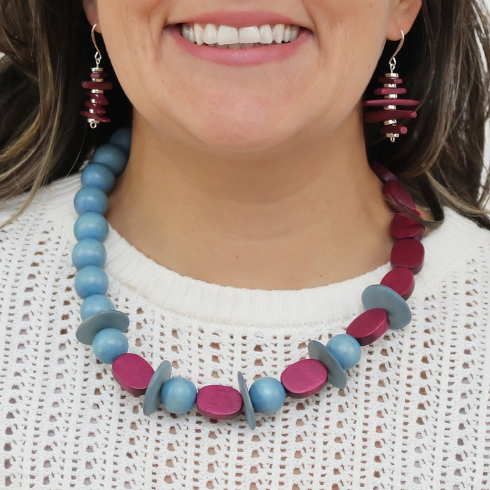 Magenta and Blue Wood Statement Necklace