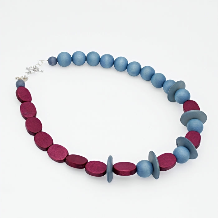 Magenta and Blue Wood Statement Necklace