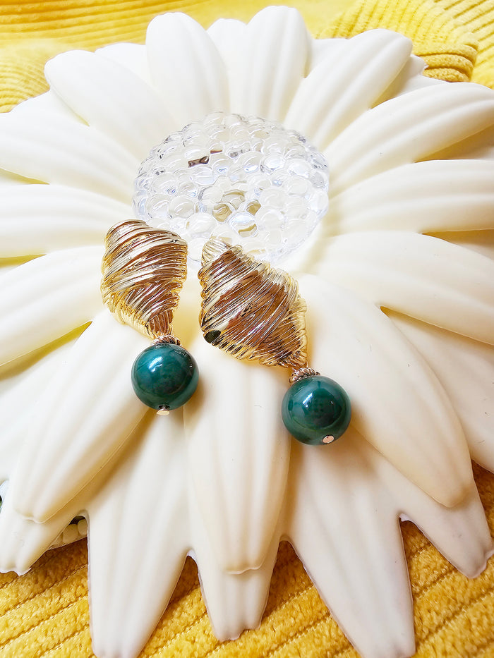 Malachite Dangle Gold Stud Earrings SE018