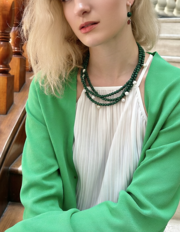Malachite & Freshwater Pearls Triple Strands Necklace KN028